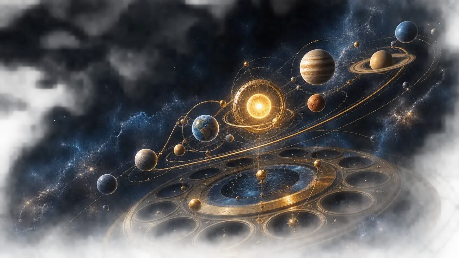 Planeter svävar över ett gyllene astronomiskt instrument i en mörk stjärnhimmel.