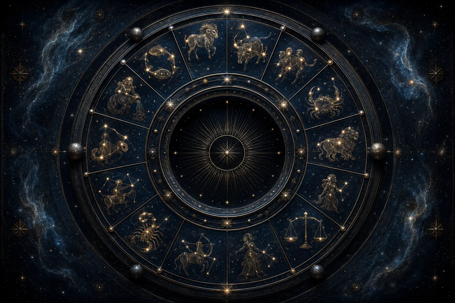 Zodiakens tolv gestalter bildar ett gyllene valv i den djupblå rymden.